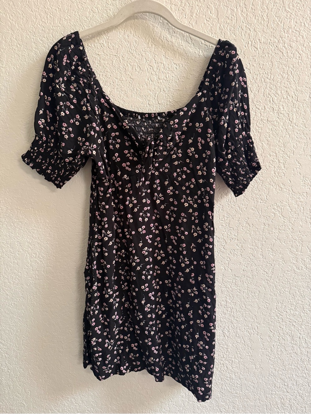 Black Floral Mini Dress with Puff Sleeves
